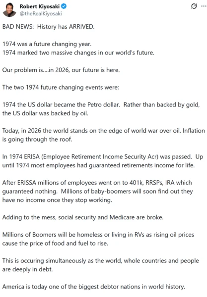 Financial Author Robert Kiyosaki Points to 1974 as Genesis of Today's Economic Woes, Advocates Bitcoin and Gold