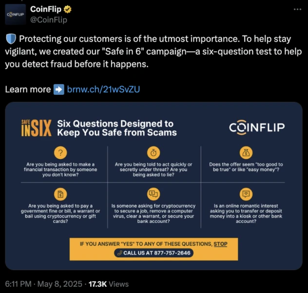 CoinFlip fraud warning notice from May 2025