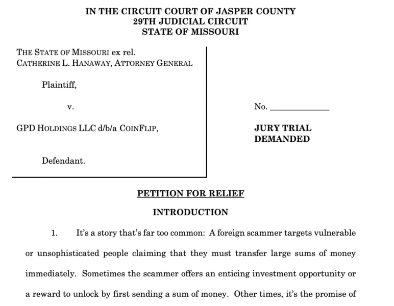 Missouri lawsuit notice against CoinFlip