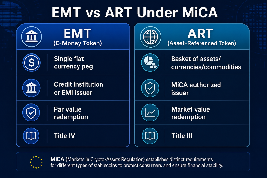 MiCA EMT vs ART稳定币类别对比：锚定机制、发行人要求与资本规则