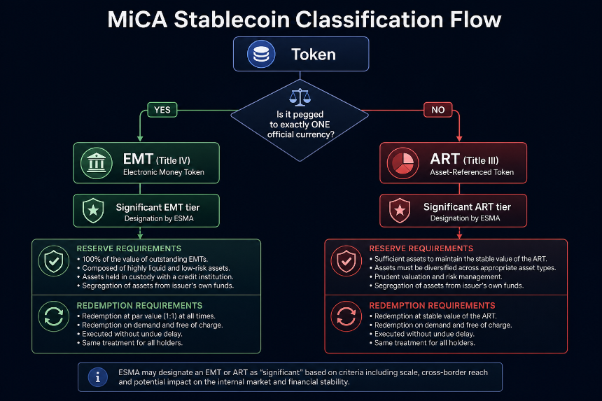 MiCA稳定币分类流程：从EMT和ART到显著代币层级，附带储备与赎回要求